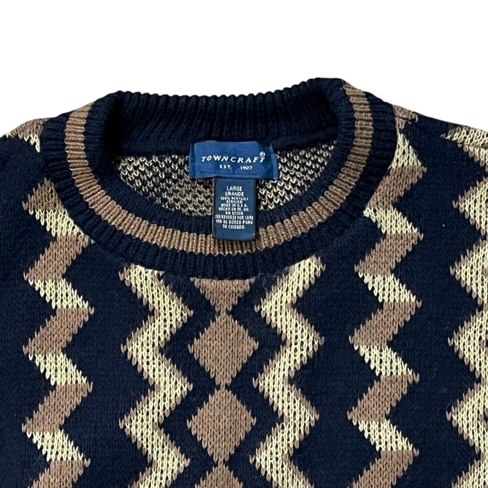 Vintage Towncraft Sweater Mens Large Pullover Zizag Cosby Style Black Tan USA
